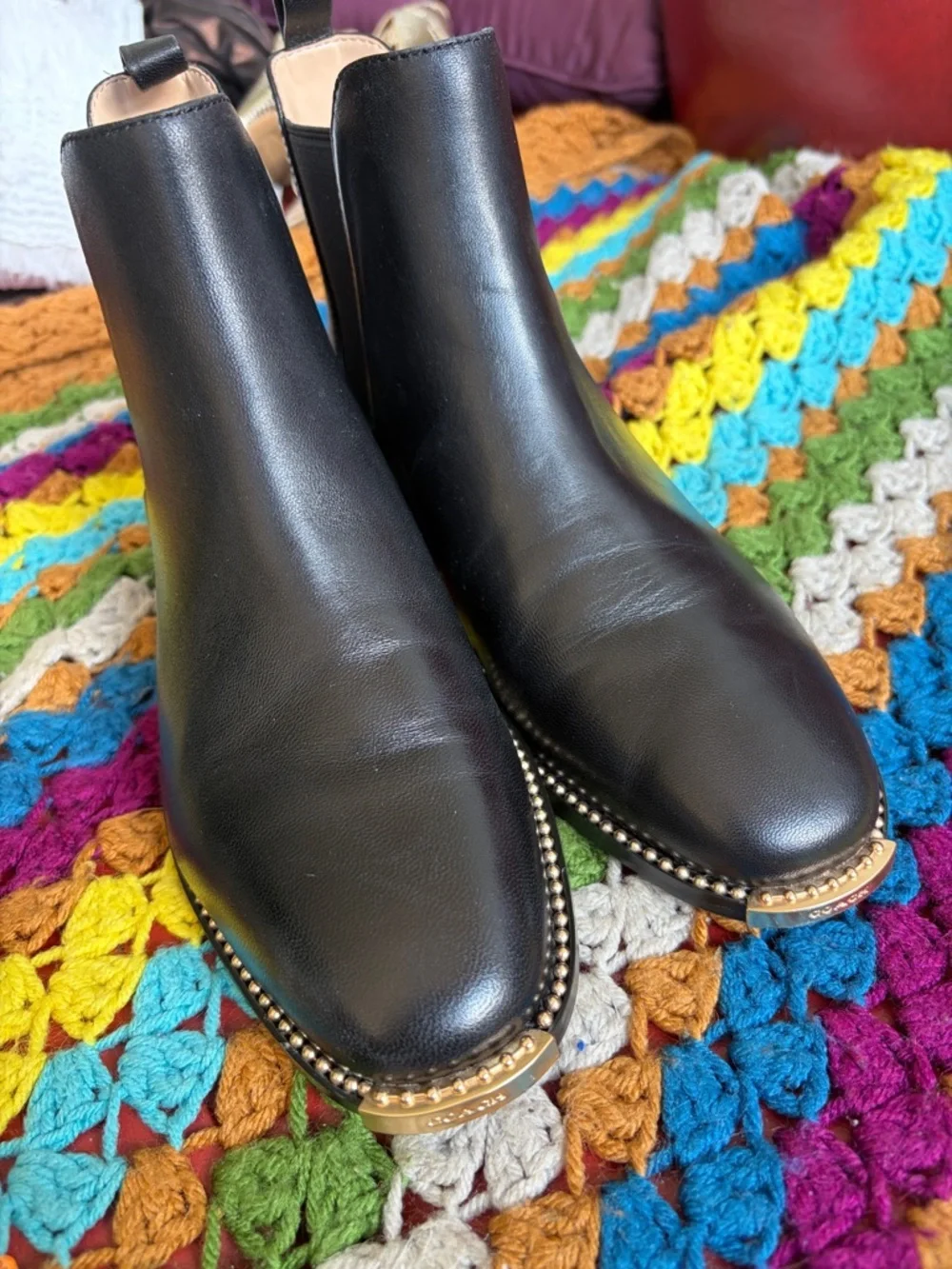 Coach Nichole Leather Chelsea Boots, black with gold trim, 6.5